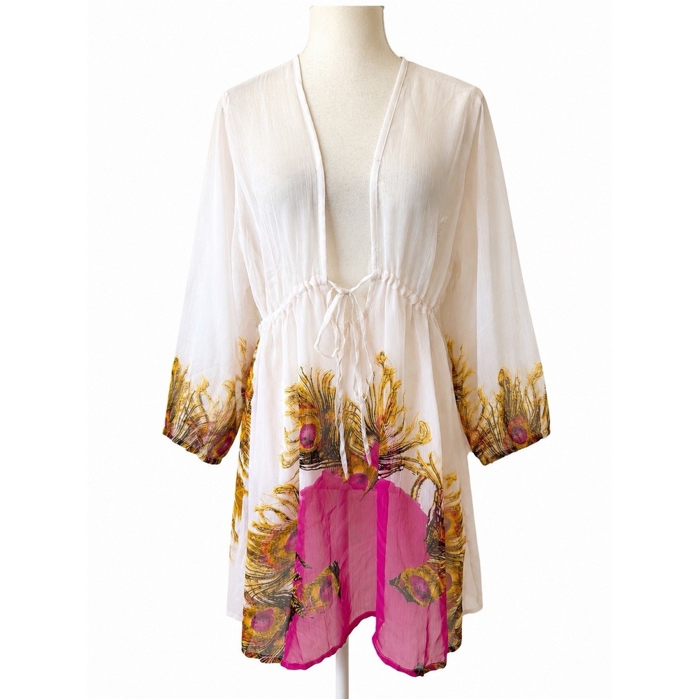 INGEAR White Peacock Feather Print L Sheer Mini Dress Deep V Tie Waist Cover‎ Up